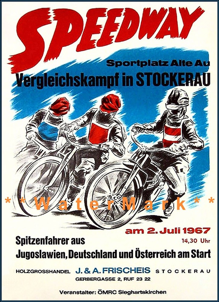 Vintage 1967 Austria Motorcycle Racing Speedway Stockerau Poster  