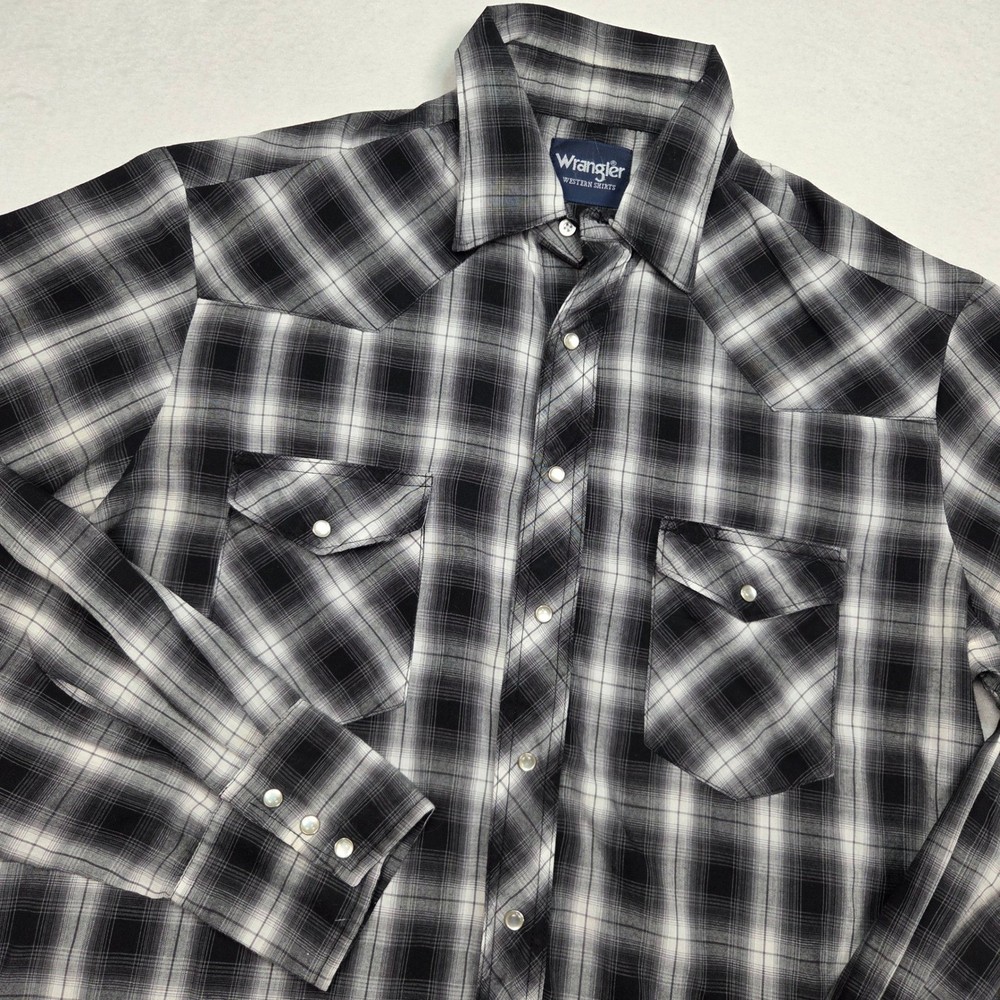 Vtg Wrangler Western Shirt Mens LT Black Plaid Pearl Snap Long Sleeve Tall