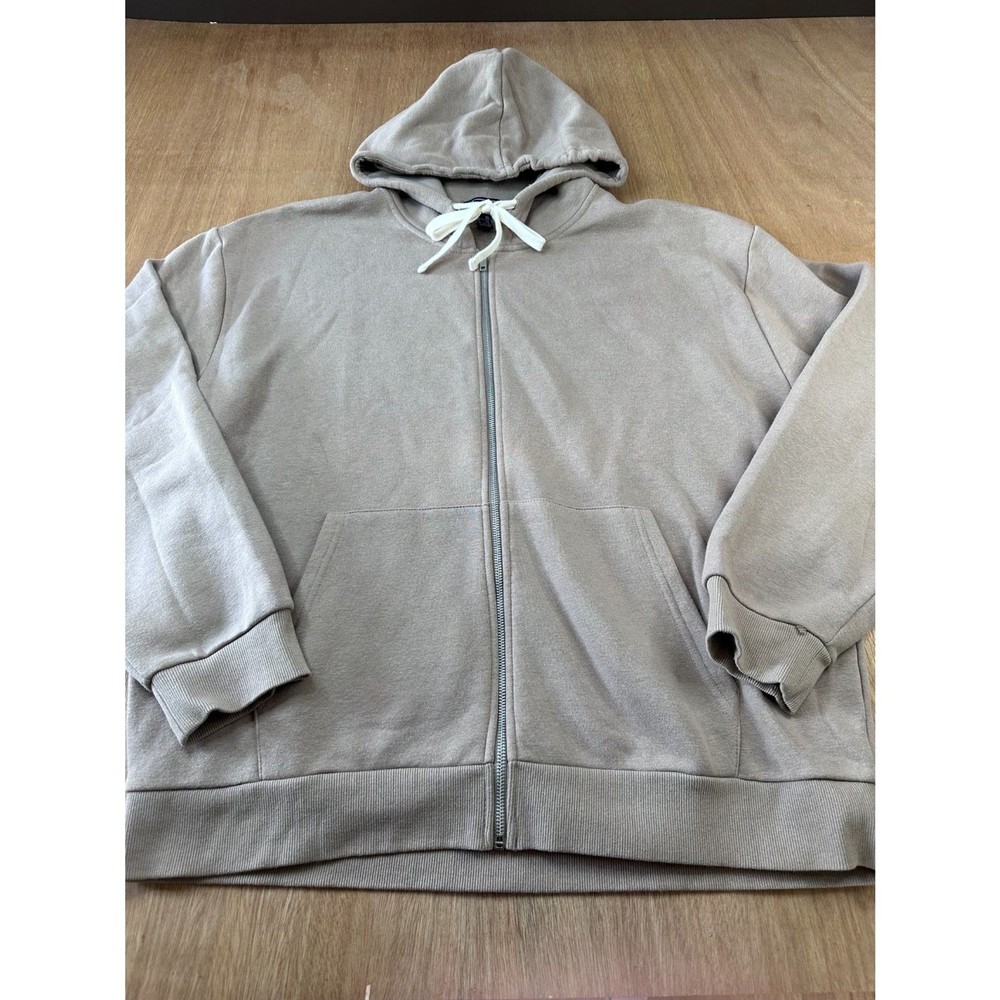 Forever 21 Men XXL Zip Up Hoodie Beige Fleece Lined Full Zip Casual