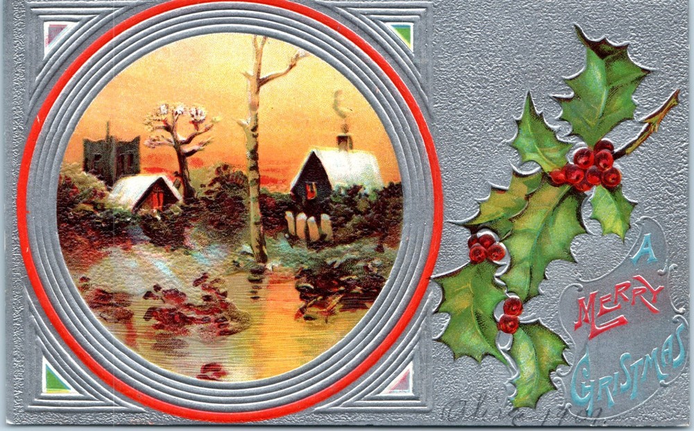c1910s - Holly and Silver Winter Cottage Embossed Christmas - Postcard - P13
