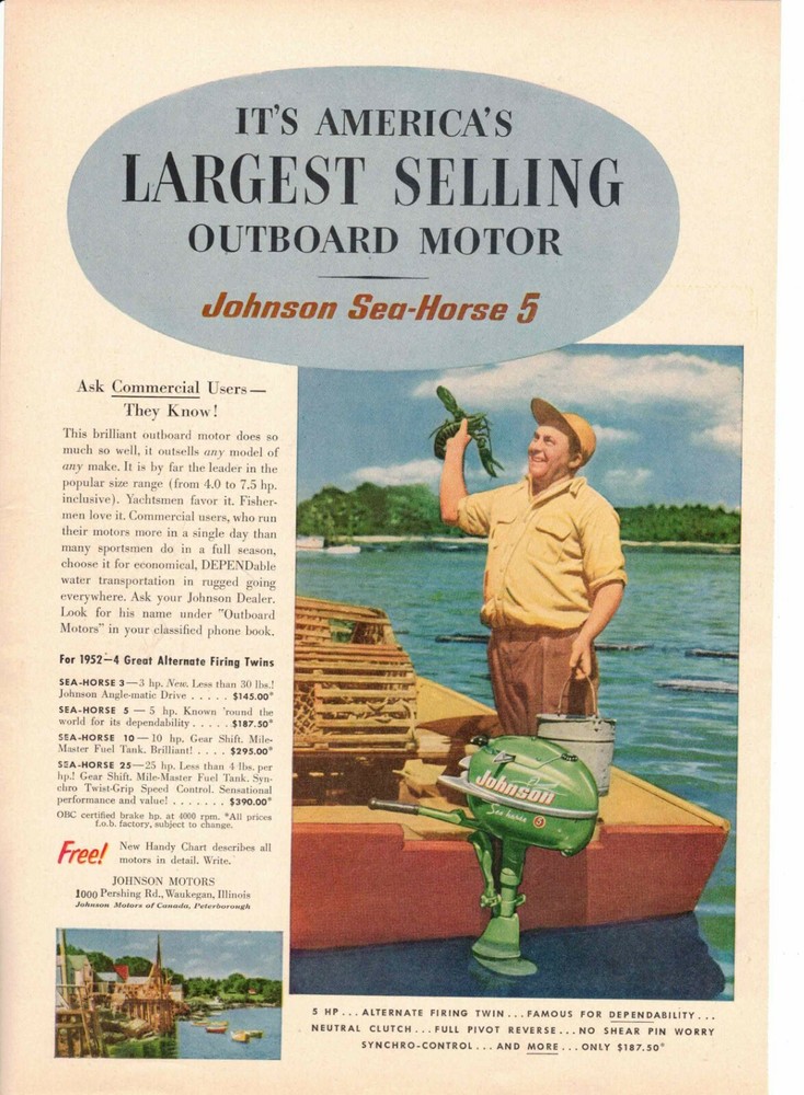 Johnson Outboard Motor 5 HP Lobster Fishing ad 1952 Waukegan IL