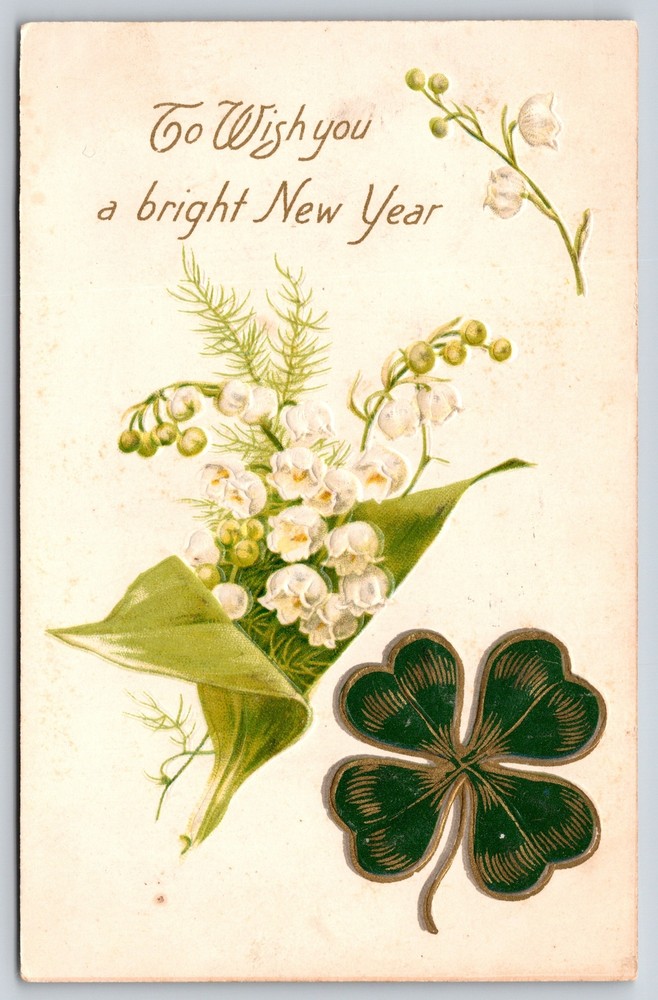 Holiday~New Year~4 Leaf Clover & White Flowers~Embossed~HLB PM 1907 Postcard