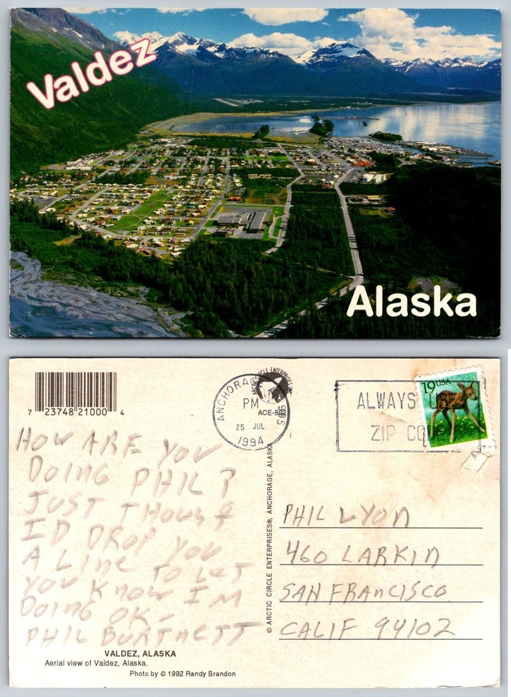 Valdez Alaska Aerial View Postcard 1994 Posted Arctic Circle Enterprises
