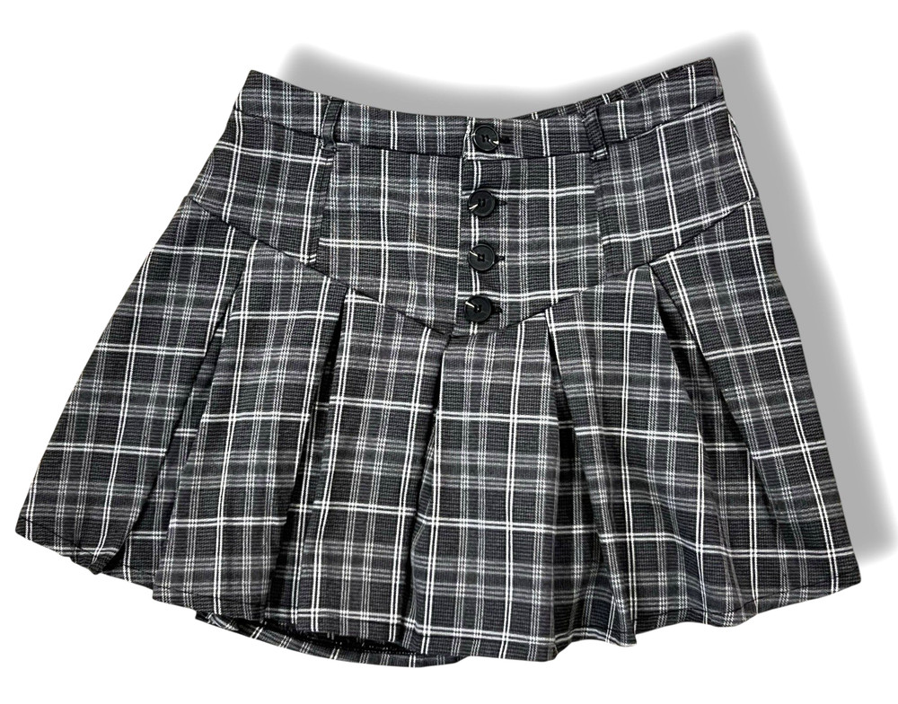 Y2K Urban Romantics Plaid Pleated Mini Skirt Women Sz Large Gray Black Academia
