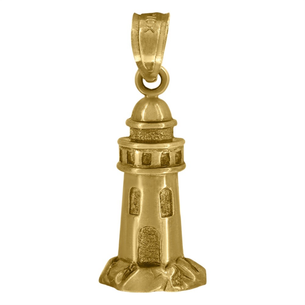 10K Yellow Gold Textured Lighthouse Charm Pendant 0.9gm 22.2mm Unisex