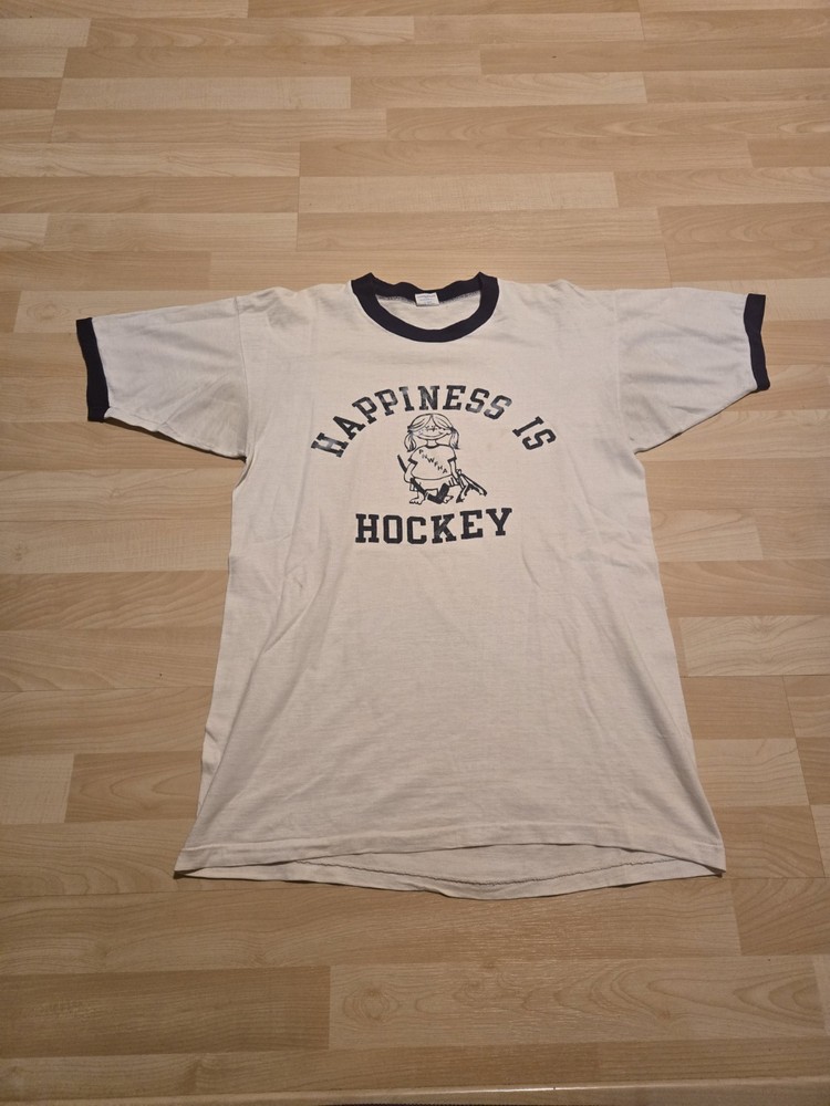 vintage 70s white t shirt  Tag Champion Blue Bar Hockey Is happiness Sz X-large