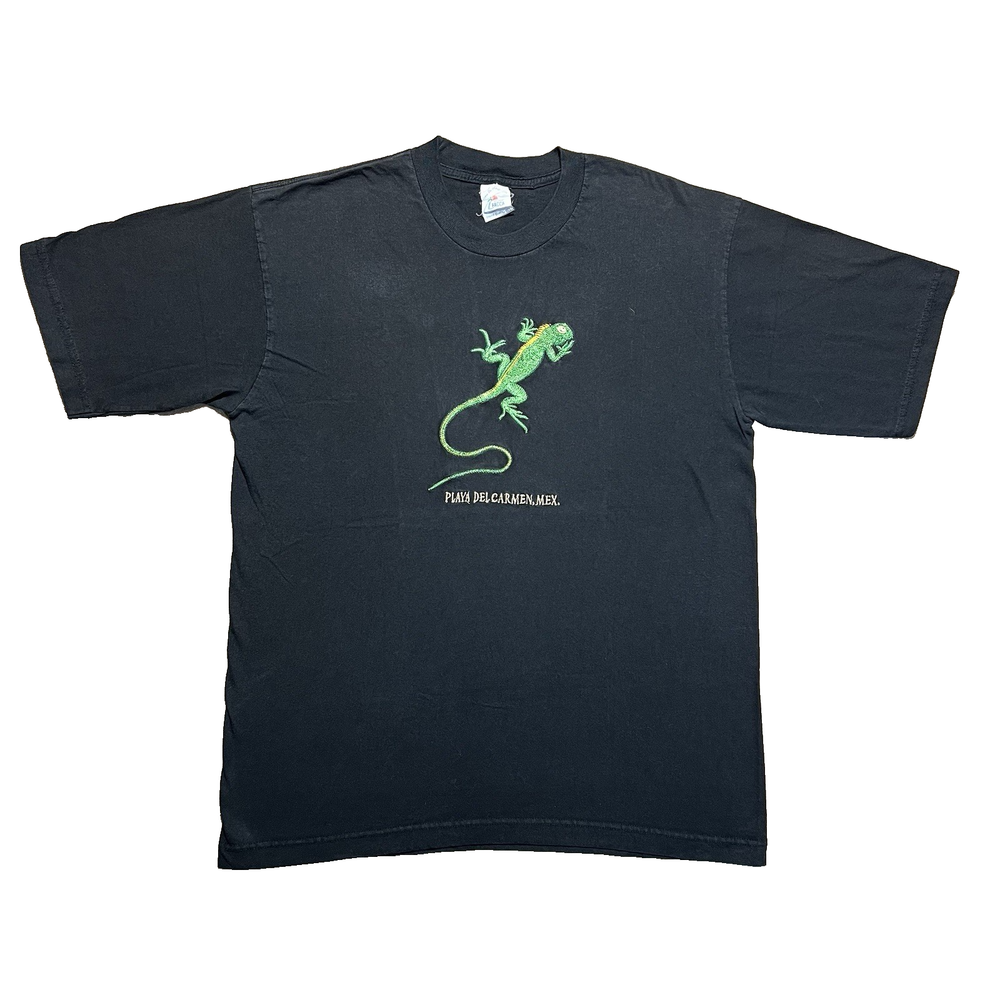 Vintage 90s Playa Del Carmen Mexico Iguana Shirt XL Black Embroidered Beach Tee