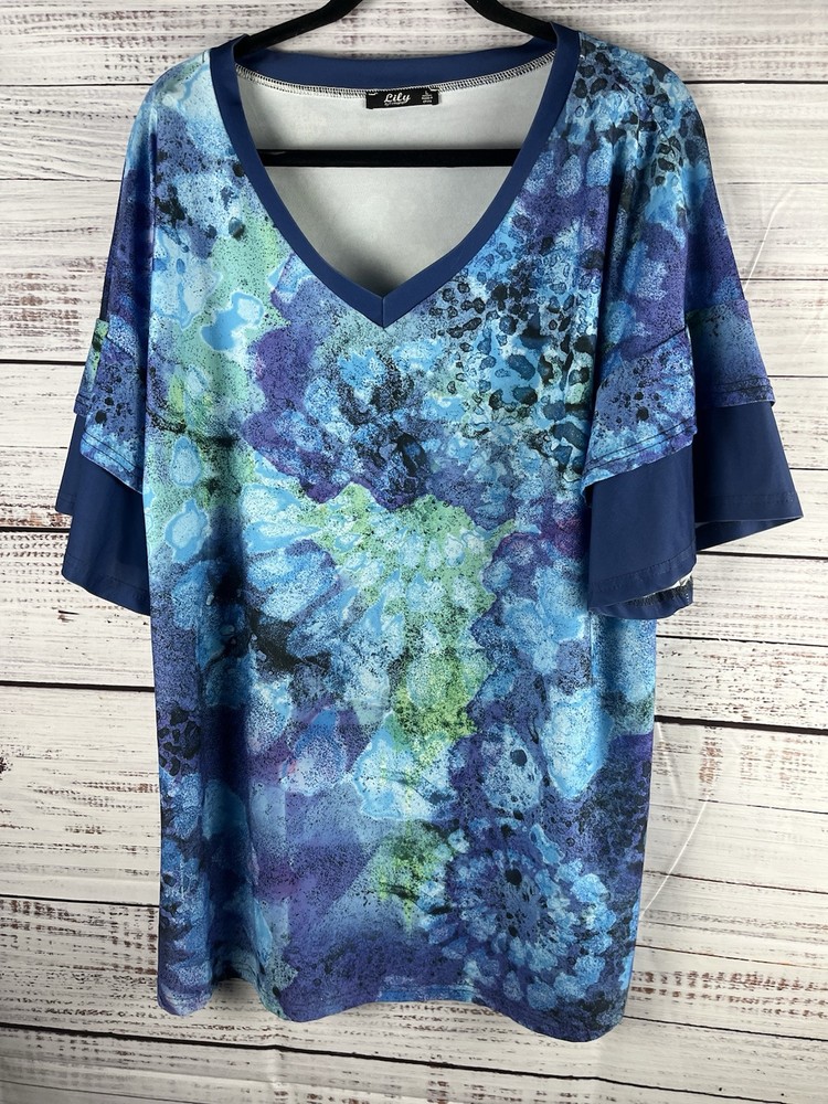 LILY BY FIRMIANA Tunic Top Women’s Large Blue Short Sleeve