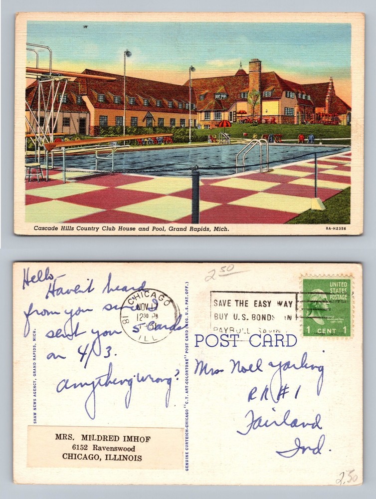 Grand Rapids, MI-Michigan, Cascade Hills Country Club Pool View Vintage Postcard
