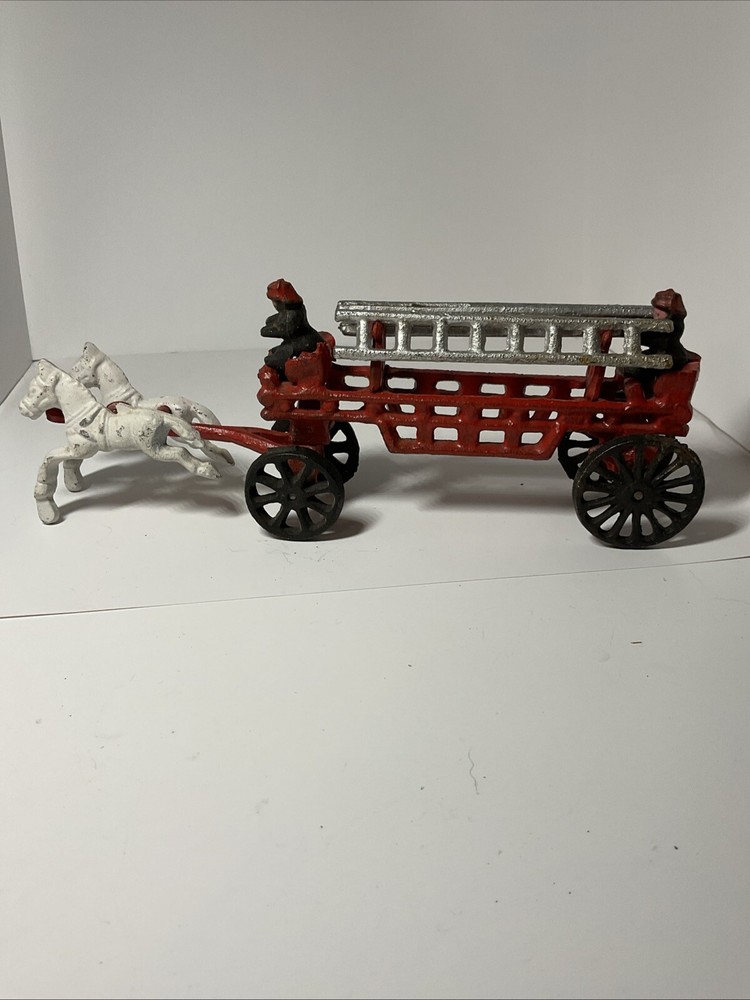 Vintage Cast Iron Horse Drawn Fire Truck Engine Wagon Toy w/ Ladders Firemen
