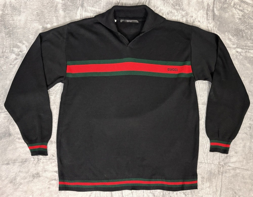 Vintage Gucci Black Knit Sweater Red Green Web Stripe Made In Italy Size L