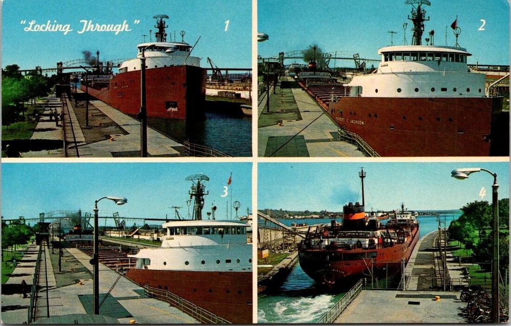 1967 Ships Locking Through Soo Locks Sault Ste. Marie Michigan Vintage Postcard