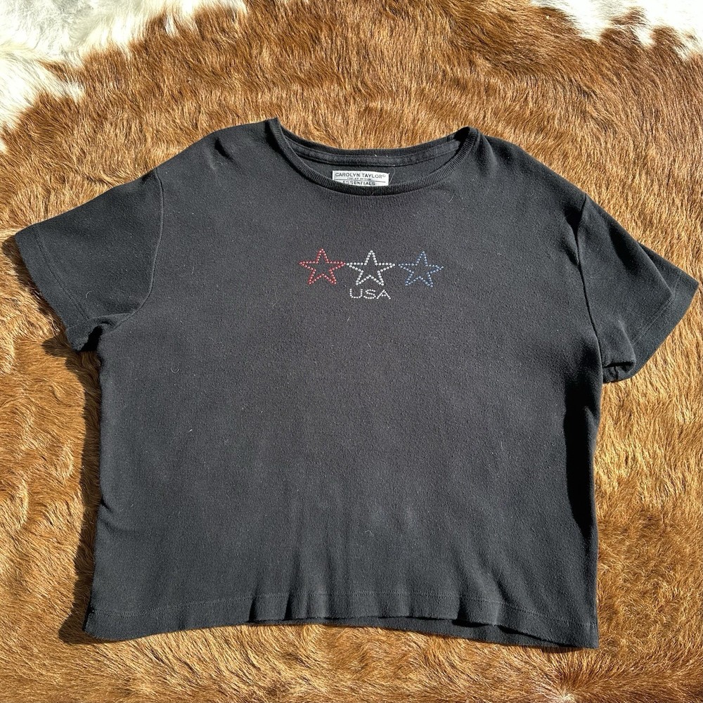 Vintage 90s Y2K Carolyn USA Bling Shirt XL Flag Top July 4th Patriotic Boxy