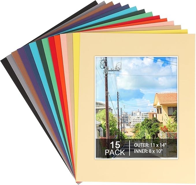15 Pack 11x14 Picture Mats, Mixed Colors Frame Mattes for 8 x10 Pictures Phot...