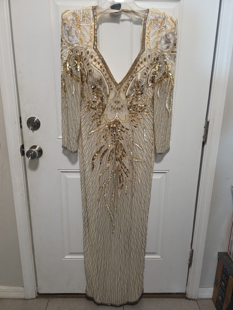 Vintage Alyce Designs Long Sleeve Evening Prom Sequin Embroidered Dress-Size 14