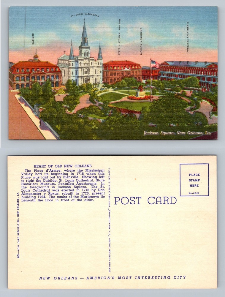 New Orleans, LA-Louisiana, Jackson Square Cathedral View Card Vintage Postcard
