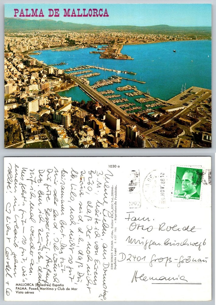 Palma de Mallorca Spain Aerial View Postcard Marina & City 1988 Posted