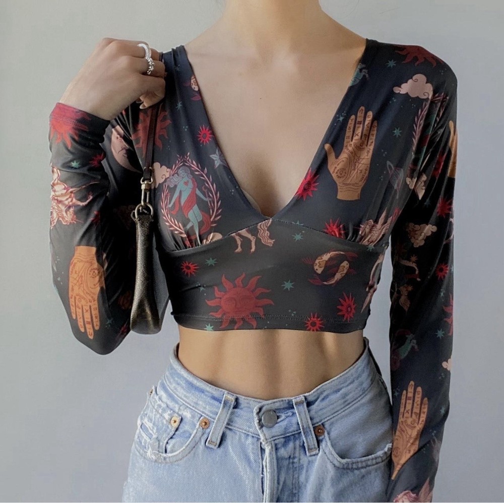 Urban Outfitters Women’s Green Cropped Long Sleeve Shirt Top Size M Casual Y2K