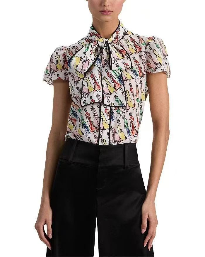 Women Alice + Olivia Tie Neck Floral Short Sleeve Blouse Top
