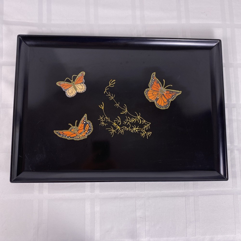 Vintage Couroc Monterey California Butterfly Black Satin Inlaid Tray 18 X 12-1/2