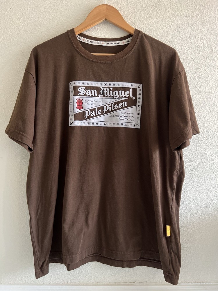 San Miguel Pale Pilsen Beer Top Mens L Brown Graphic Logo Casual Vintage Style