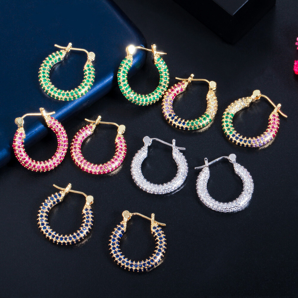 Chic Yellow Gold Pave Green Blue CZ Stone Cute Circle Hoop Earrings for Women