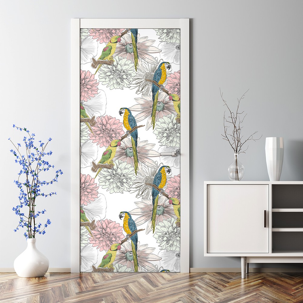 Bubble-free nursery door sticker with hand-drawn parrot and floral design in soft pastel colors