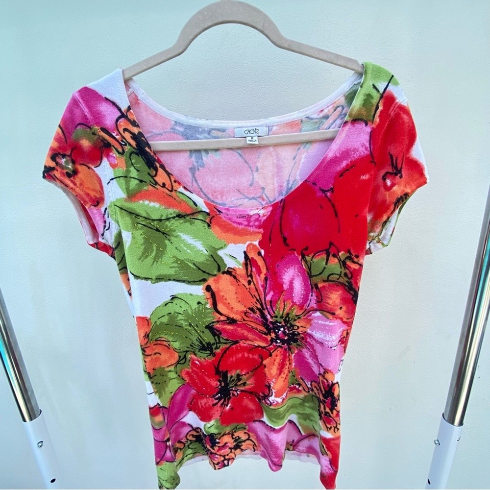 Y2K Caché Pink Multicolor Floral Beaded Knit Top Size Medium