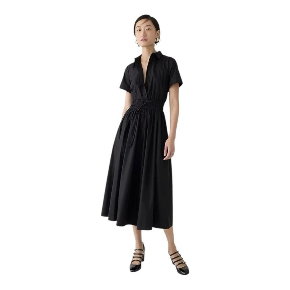 J Crew Elena Cotton Shirt Dress Midi Collared Short Sleeve Womens Size 00P Black