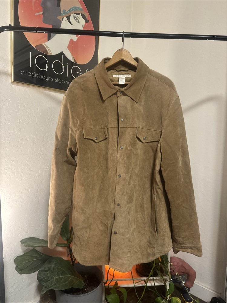 Perry Ellis Mens Suede Shirt  Long Jacket Button Up Leather Tan Size L