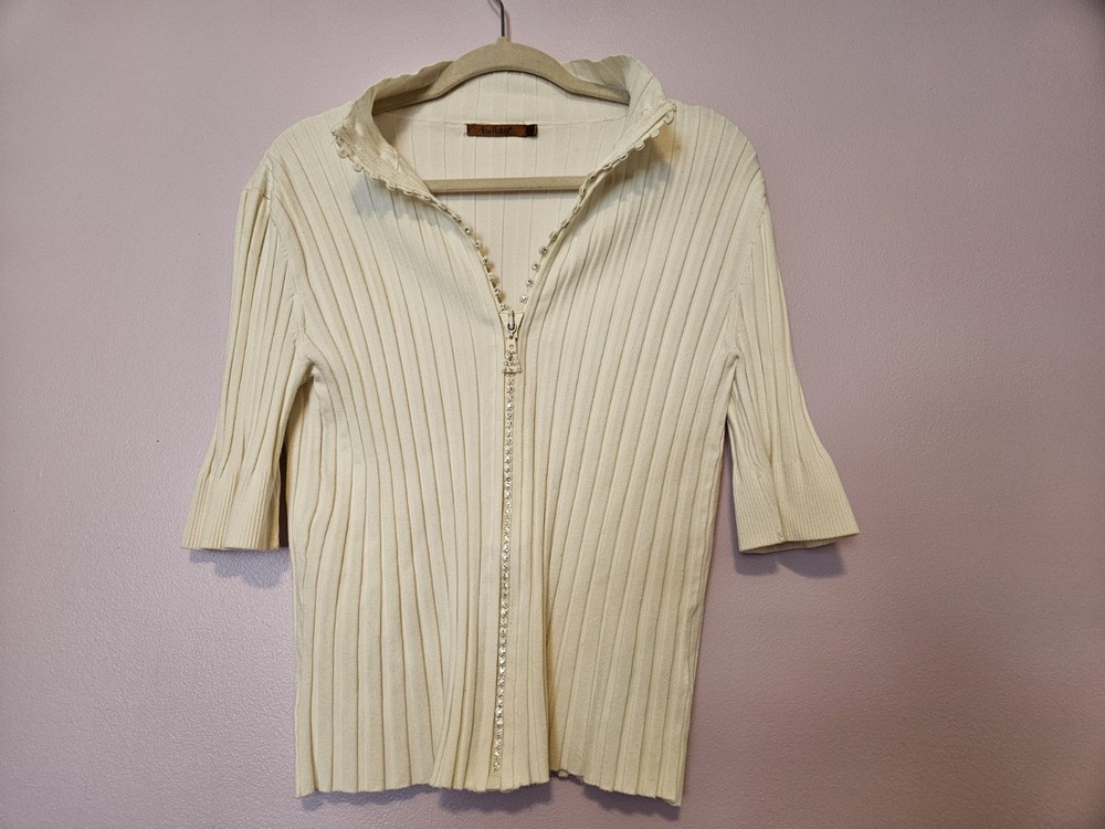 Belldini Off White Rhinestone Crystal Zipper Mock Neck Collared Shirt XLARGE