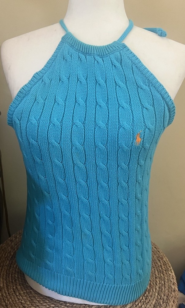 Ralph Lauren Cable Knit Halter Top Turquoise Y2K Sweater Tank Top Vintage Sz M