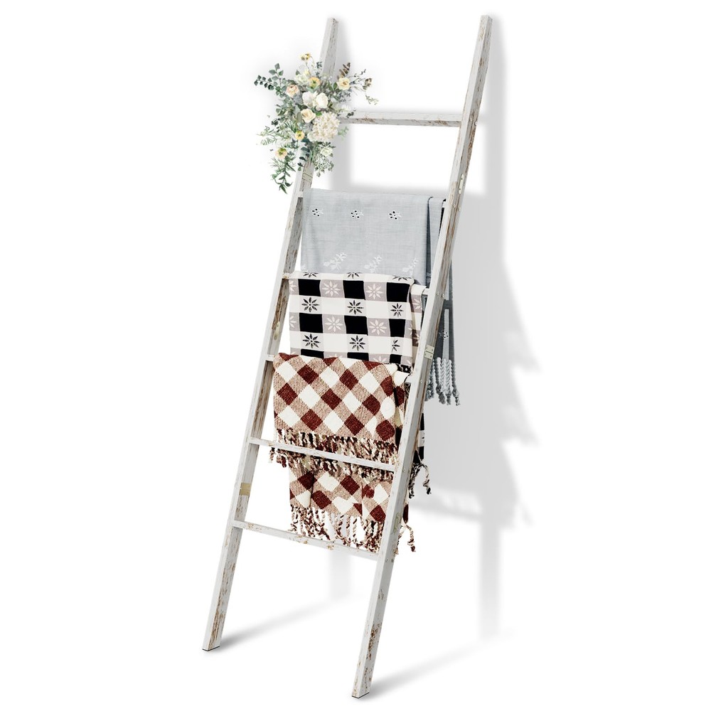 6-Tier Blanket Ladder Wooden, 5.7FT(66.5'') Blanket Quilt Towel Holder Rack D...