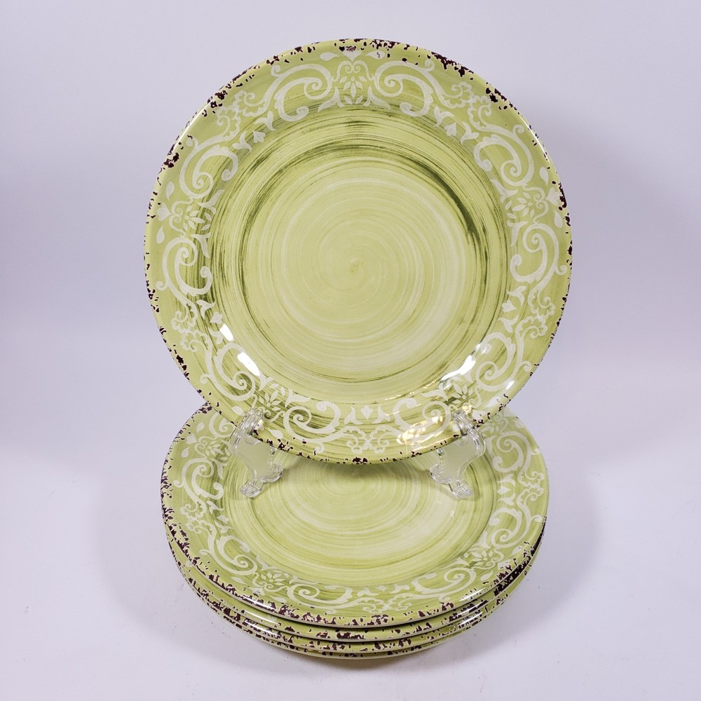 CYNTHIA ROWLEY Lime Green Scroll Rustic Farmhouse MELAMINE SALAD PLATE SET