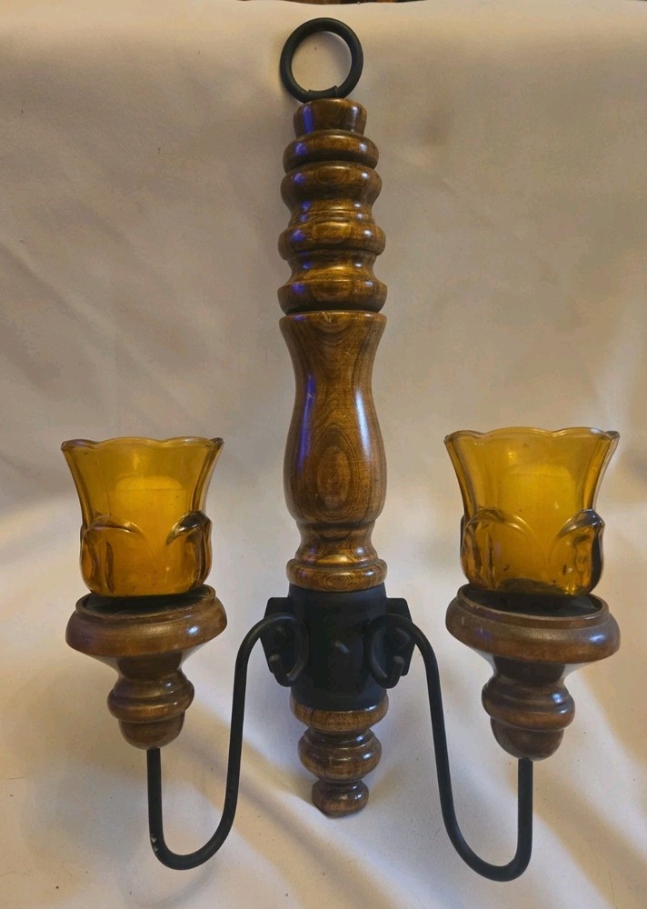 Vintage Homco Wood & Wrought Iron Double Amber Glass Candleholder Wall Sconce