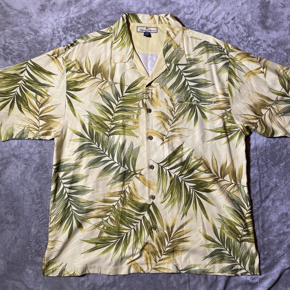 Tommy Bahama 100% Silk Men's XL Hawaiian Camp Shirt Yellow Tropical Floral EUC