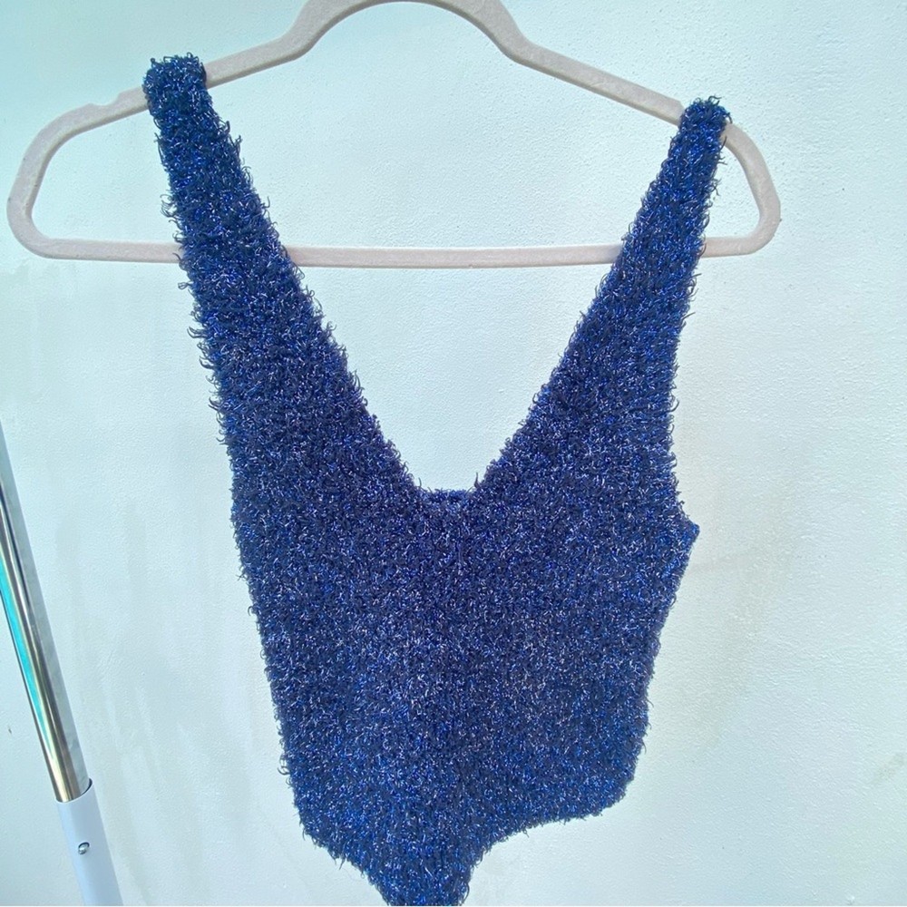 Urban Outfitters Blue & Silver Metallic Fuzzy Tinsel Tank Top Size Large