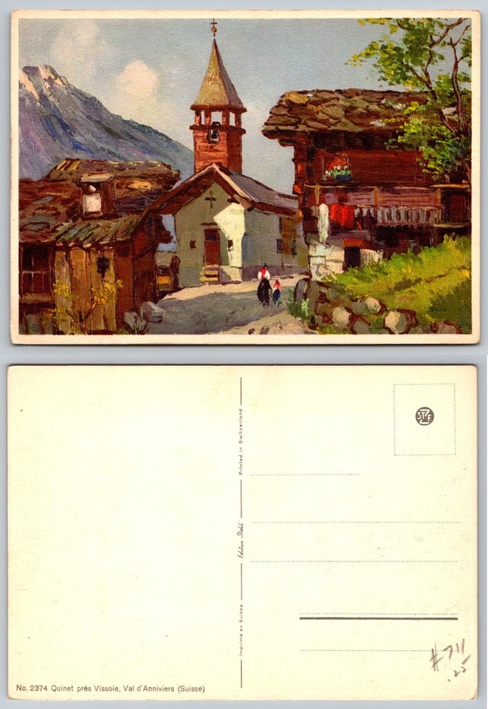 Vintage Swiss Alps Postcard Quinet Val d'Anniviers Switzerland Church Village