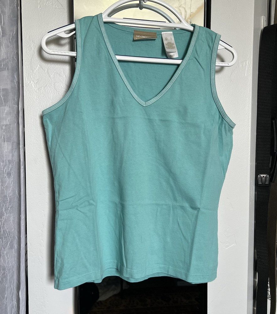 Liz Claiborne Turquoise Cotton Jersey V-Neck Sleeveless Tank Top Women Size L