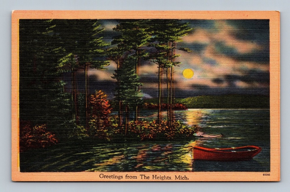 Vintage Greetings from The Heights Michigan Moonlit Lake Postcard Tichnor