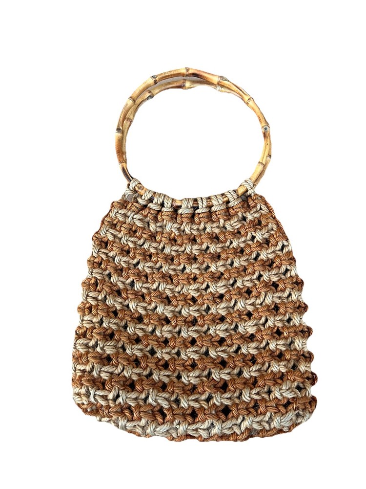 Boho Crochet Purse Handbag Brown Beige Bamboo Handle Casual Woven Vintage