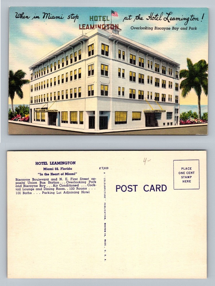 Miami, FL-Florida, Hotel Leamington Biscayne Bay Art Deco Vintage Postcard