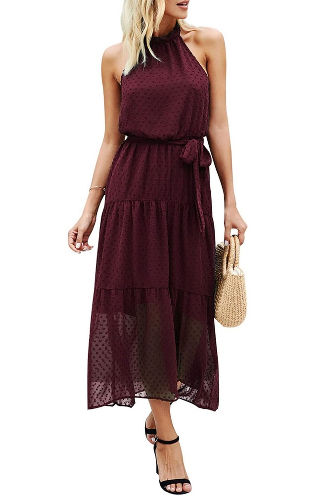 PRETTYGARDEN Women’s Halter Neck Long Backless Ruffle Dress Belt (Wine Red, L)