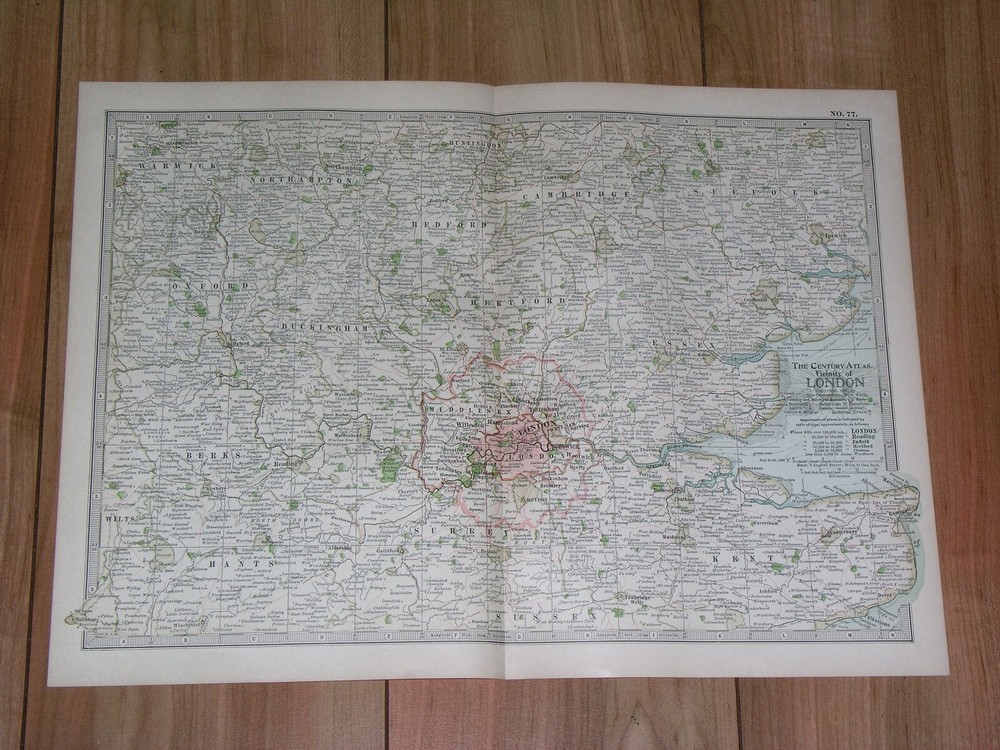 1897 Original Antique Map Of Vicinity Of London / England