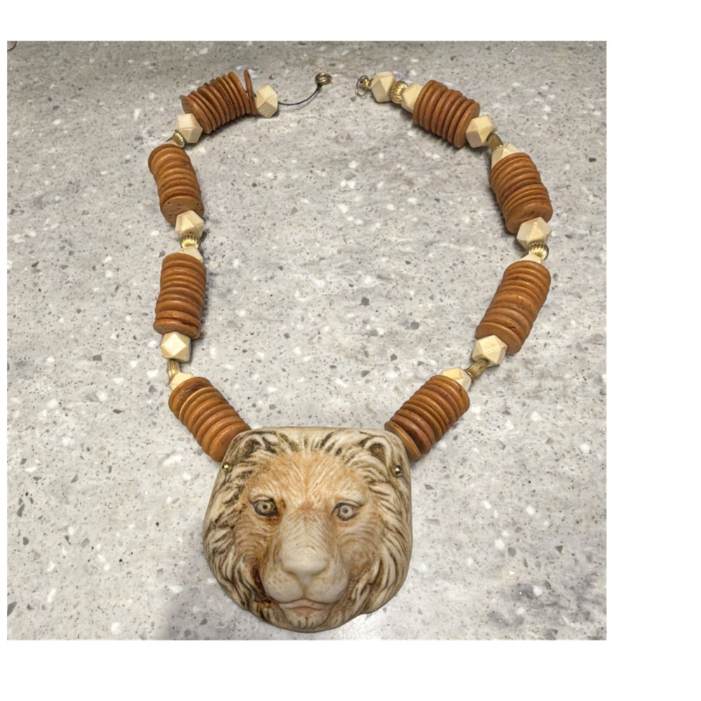 Handcrafted Wood Beaded Statement Necklace Brown/Beige Asymmetrical Pendant