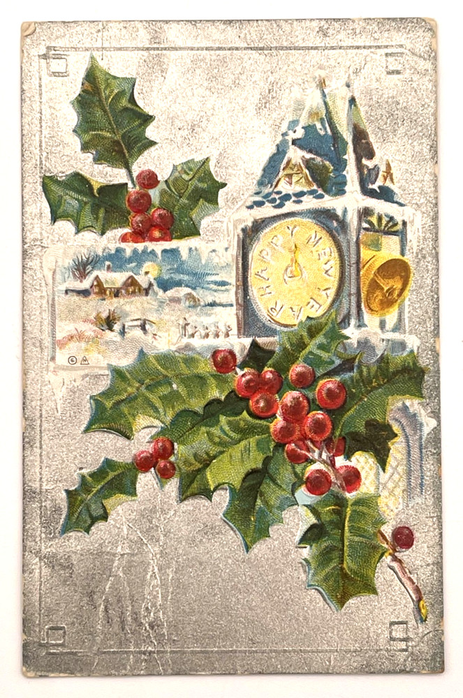 Embossed New Year Postcard Clock Holly Bells Village Scene 1910s Silver