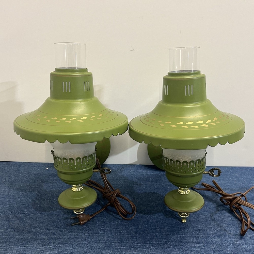 2 VTG Green Toleware Wall Sconce Metal Light Plug In French Country Farmhouse