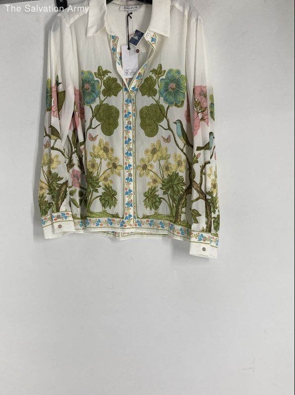 Rose + Olive Womens White Green Floral Long Sleeve Button-Up Shirt Size Large
