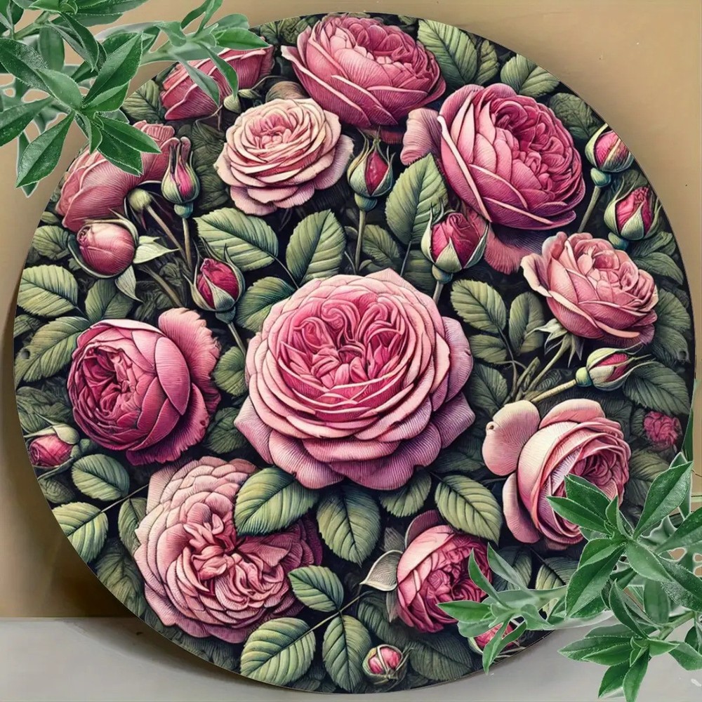 Pink Rose Floral Round Lead Wall Art Vintage Metal Decor