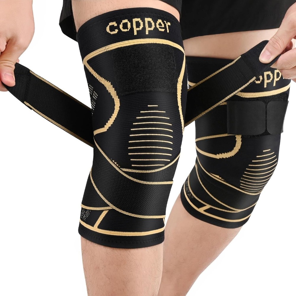 Copper Knee Brace 2 Pack for Women & Men - Adjustable Compression Sleeve with Support Straps